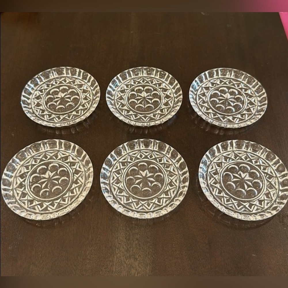 Vintage Clear Cut Glass Coasters Intaglio Flower Starburst Set of 6 Stackable